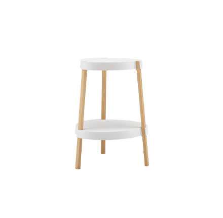 PP Round Tabletop Solid Beech Wood Legs White 2-Tier End Table - Nordic Double Shelf End Table, Small Accent Side Nightstand For Living Room Bedroom Sofa Corner