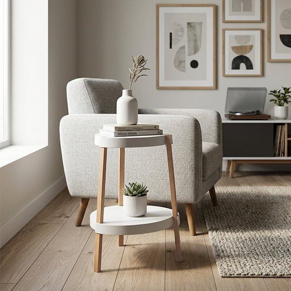 PP Round Tabletop Solid Beech Wood Legs White 2-Tier End Table - Nordic Double Shelf End Table, Small Accent Side Nightstand For Living Room Bedroom Sofa Corner