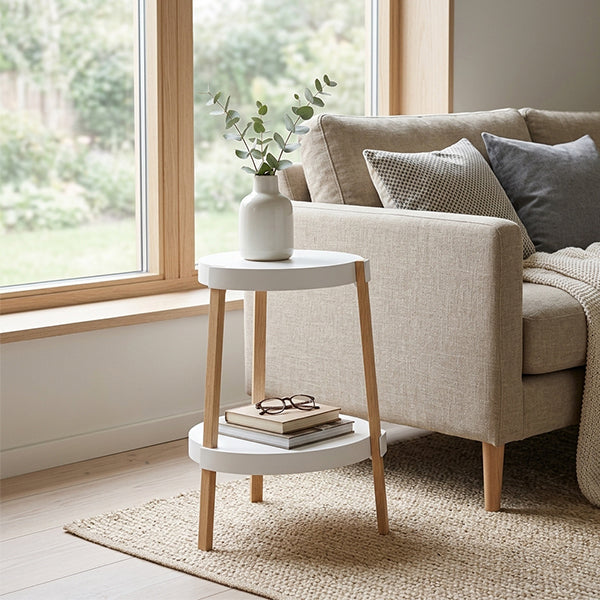 PP Round Tabletop Solid Beech Wood Legs White 2-Tier End Table - Nordic Double Shelf End Table, Small Accent Side Nightstand For Living Room Bedroom Sofa Corner