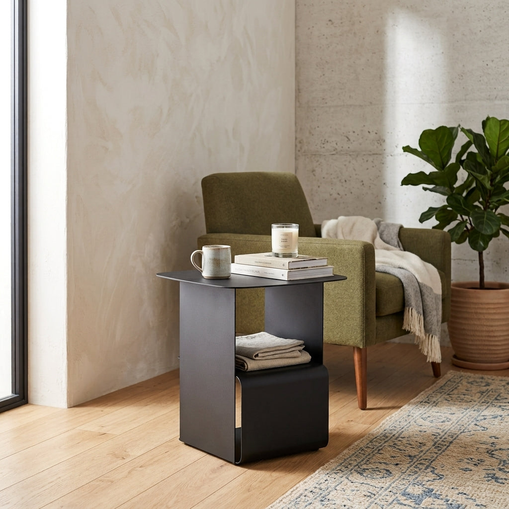 Modern Black Cold-Rolled Steel Geometric Hollow Design End Table - Minimalist Sturdy &amp; Space Saving Multi-functional Accent Table &amp; Rounded Edge Anti-collision Small Corner Table For Living Room