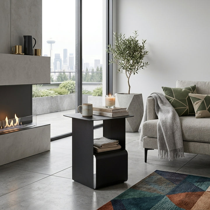 Modern Black Cold-Rolled Steel Geometric Hollow Design End Table - Minimalist Sturdy &amp; Space Saving Multi-functional Accent Table &amp; Rounded Edge Anti-collision Small Corner Table For Living Room