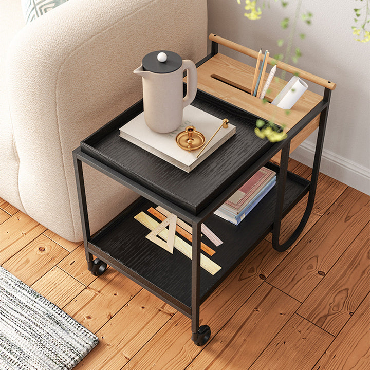 Scandinavian Wooden Tray Shelves &amp; Sturdy Iron Frame, Movable End Table - Nordic Side Table With Smooth-Rolling Casters, Fixed Rear Support Legs, And Multifunctional Design For Snacks, Drinks, And Everyday Storage For Living Room