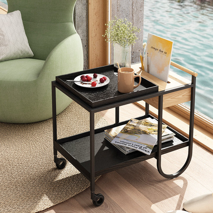Scandinavian Wooden Tray Shelves &amp; Sturdy Iron Frame, Movable End Table - Nordic Side Table With Smooth-Rolling Casters, Fixed Rear Support Legs, And Multifunctional Design For Snacks, Drinks, And Everyday Storage For Living Room