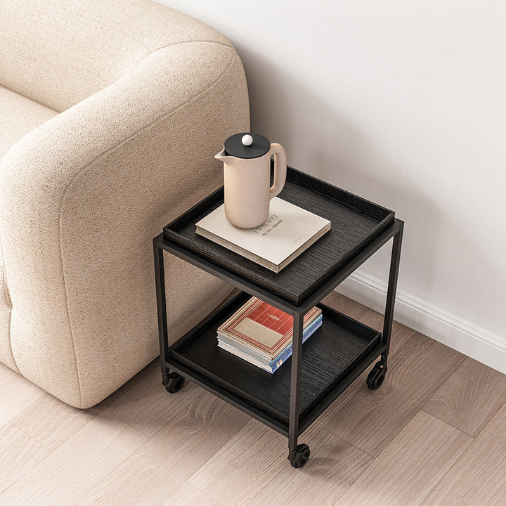 Scandinavian Wooden Tray Shelves &amp; Sturdy Iron Frame, Movable End Table - Nordic Side Table With Smooth-Rolling Casters, Fixed Rear Support Legs, And Multifunctional Design For Snacks, Drinks, And Everyday Storage For Living Room