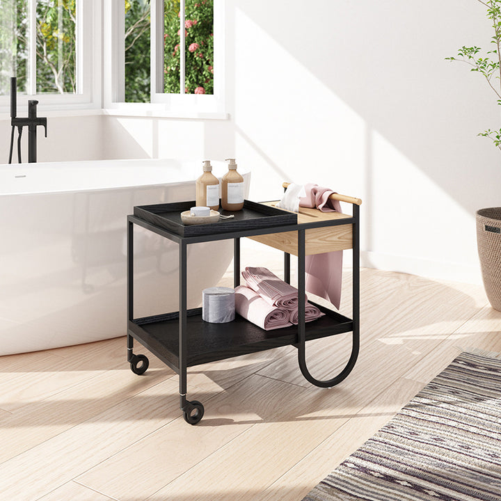 Scandinavian Wooden Tray Shelves &amp; Sturdy Iron Frame, Movable End Table - Nordic Side Table With Smooth-Rolling Casters, Fixed Rear Support Legs, And Multifunctional Design For Snacks, Drinks, And Everyday Storage For Living Room