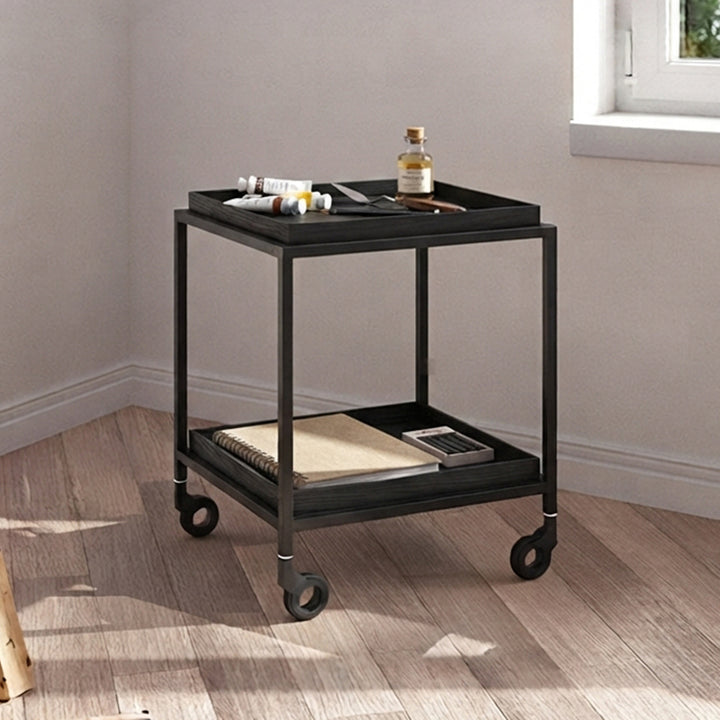 Scandinavian Wooden Tray Shelves &amp; Sturdy Iron Frame, Movable End Table - Nordic Side Table With Smooth-Rolling Casters, Fixed Rear Support Legs, And Multifunctional Design For Snacks, Drinks, And Everyday Storage For Living Room