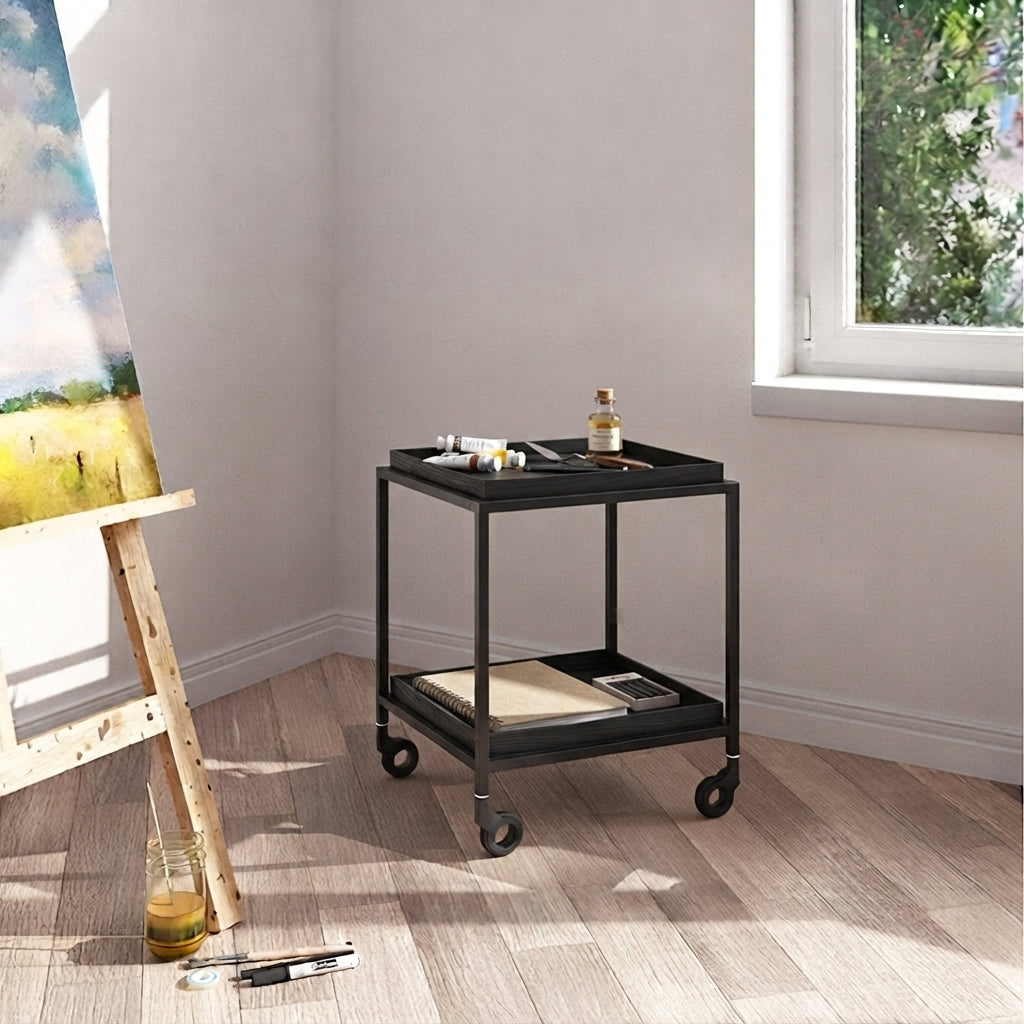 Scandinavian Wooden Tray Shelves &amp; Sturdy Iron Frame, Movable End Table - Nordic Side Table With Smooth-Rolling Casters, Fixed Rear Support Legs, And Multifunctional Design For Snacks, Drinks, And Everyday Storage For Living Room