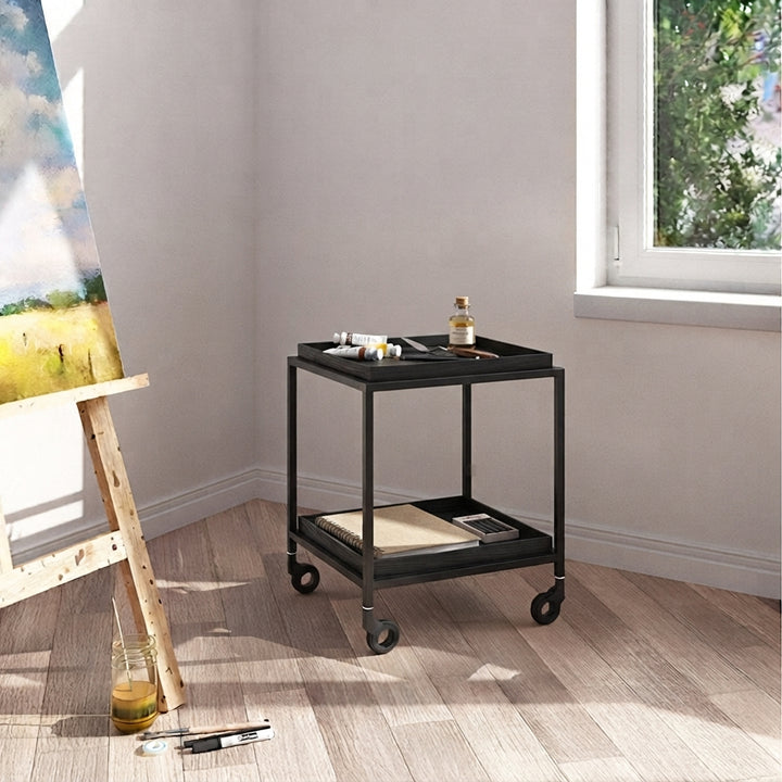 Scandinavian Wooden Tray Shelves &amp; Sturdy Iron Frame, Movable End Table - Nordic Side Table With Smooth-Rolling Casters, Fixed Rear Support Legs, And Multifunctional Design For Snacks, Drinks, And Everyday Storage For Living Room