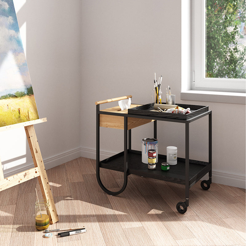 Scandinavian Wooden Tray Shelves &amp; Sturdy Iron Frame, Movable End Table - Nordic Side Table With Smooth-Rolling Casters, Fixed Rear Support Legs, And Multifunctional Design For Snacks, Drinks, And Everyday Storage For Living Room