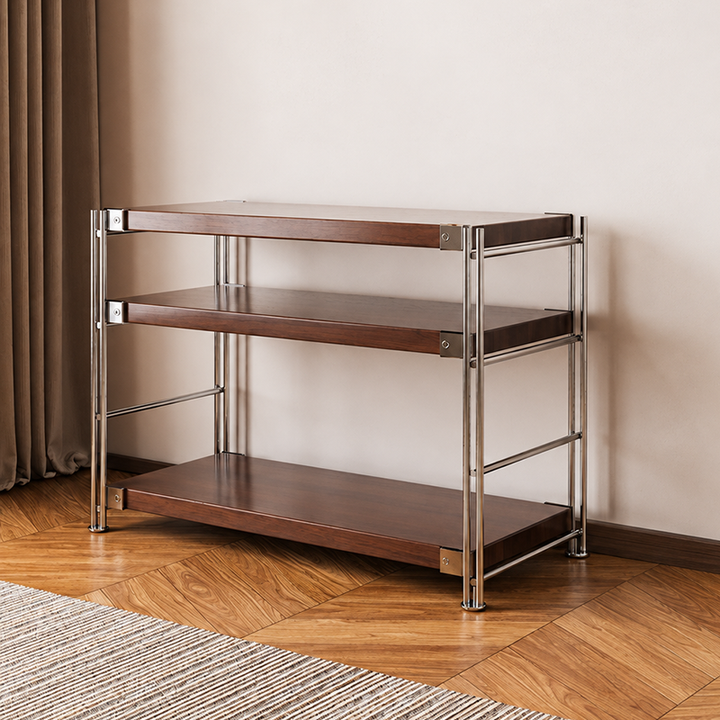 Heavy-Duty Anti-Deformation Organizer Storage Shelf - Minimalist Multi-Tier Freestanding Display Shelf, X-Reinforced Carbon Steel Frame, Height Adjustable Particleboard, Walnut &amp; Natural Wood Options For Living Room