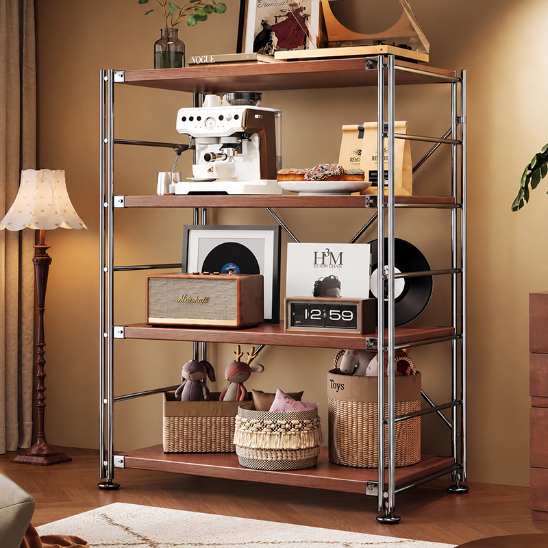 Heavy-Duty Anti-Deformation Organizer Storage Shelf - Minimalist Multi-Tier Freestanding Display Shelf, X-Reinforced Carbon Steel Frame, Height Adjustable Particleboard, Walnut &amp; Natural Wood Options For Living Room
