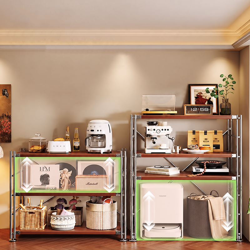 Heavy-Duty Anti-Deformation Organizer Storage Shelf - Minimalist Multi-Tier Freestanding Display Shelf, X-Reinforced Carbon Steel Frame, Height Adjustable Particleboard, Walnut &amp; Natural Wood Options For Living Room