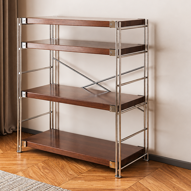 Heavy-Duty Anti-Deformation Organizer Storage Shelf - Minimalist Multi-Tier Freestanding Display Shelf, X-Reinforced Carbon Steel Frame, Height Adjustable Particleboard, Walnut &amp; Natural Wood Options For Living Room
