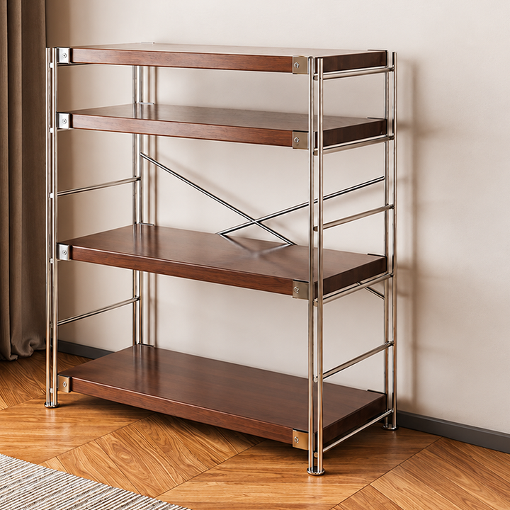 Heavy-Duty Anti-Deformation Organizer Storage Shelf - Minimalist Multi-Tier Freestanding Display Shelf, X-Reinforced Carbon Steel Frame, Height Adjustable Particleboard, Walnut &amp; Natural Wood Options For Living Room