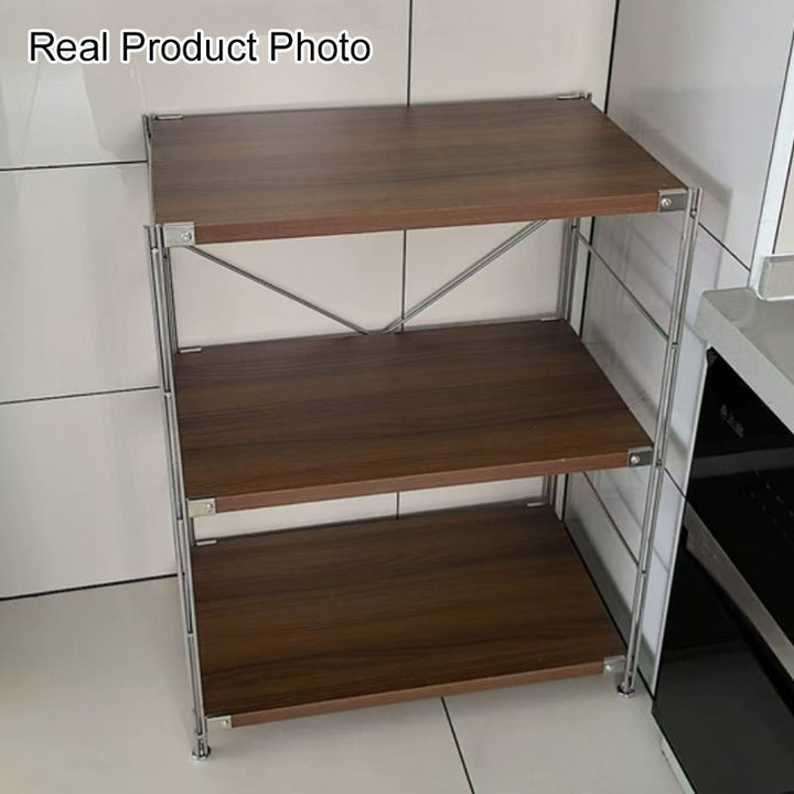 Heavy-Duty Anti-Deformation Organizer Storage Shelf - Minimalist Multi-Tier Freestanding Display Shelf, X-Reinforced Carbon Steel Frame, Height Adjustable Particleboard, Walnut &amp; Natural Wood Options For Living Room