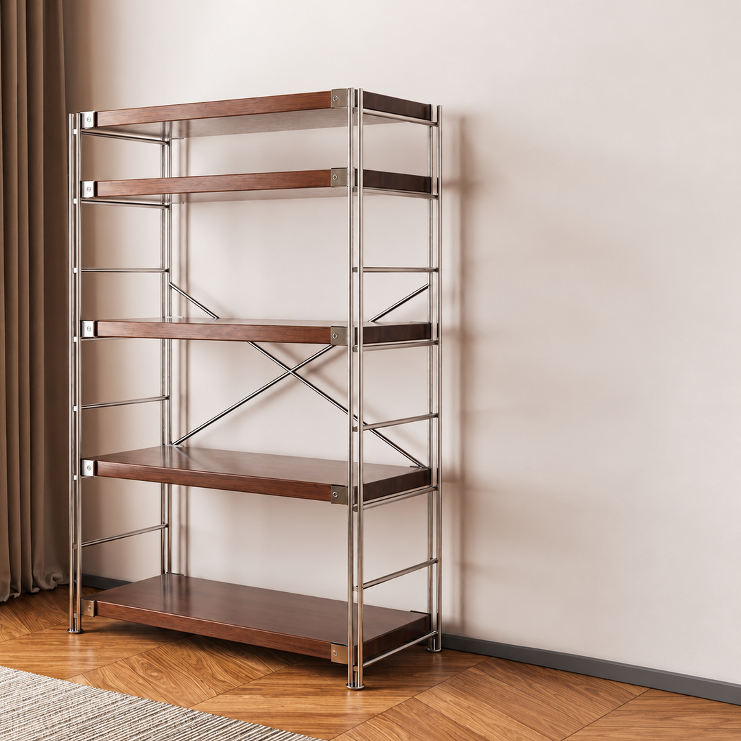 Heavy-Duty Anti-Deformation Organizer Storage Shelf - Minimalist Multi-Tier Freestanding Display Shelf, X-Reinforced Carbon Steel Frame, Height Adjustable Particleboard, Walnut &amp; Natural Wood Options For Living Room