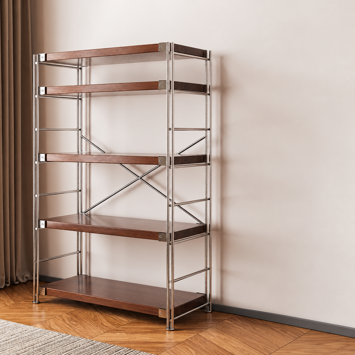 Heavy-Duty Anti-Deformation Organizer Storage Shelf - Minimalist Multi-Tier Freestanding Display Shelf, X-Reinforced Carbon Steel Frame, Height Adjustable Particleboard, Walnut &amp; Natural Wood Options For Living Room
