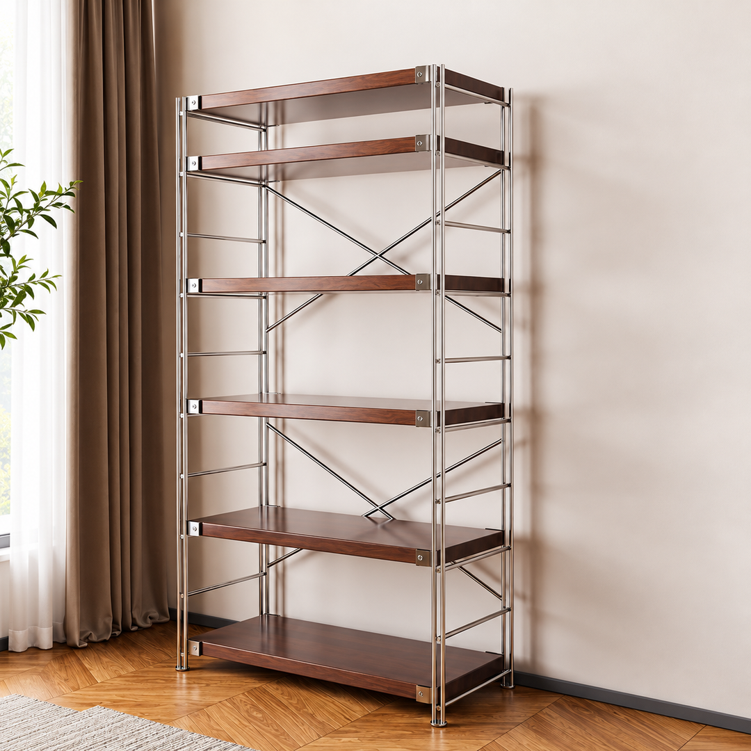 Heavy-Duty Anti-Deformation Organizer Storage Shelf - Minimalist Multi-Tier Freestanding Display Shelf, X-Reinforced Carbon Steel Frame, Height Adjustable Particleboard, Walnut &amp; Natural Wood Options For Living Room