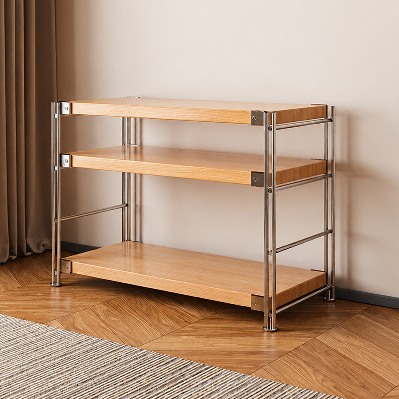 Heavy-Duty Anti-Deformation Organizer Storage Shelf - Minimalist Multi-Tier Freestanding Display Shelf, X-Reinforced Carbon Steel Frame, Height Adjustable Particleboard, Walnut &amp; Natural Wood Options For Living Room
