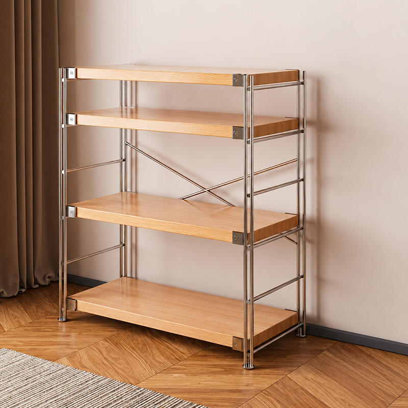 Heavy-Duty Anti-Deformation Organizer Storage Shelf - Minimalist Multi-Tier Freestanding Display Shelf, X-Reinforced Carbon Steel Frame, Height Adjustable Particleboard, Walnut &amp; Natural Wood Options For Living Room