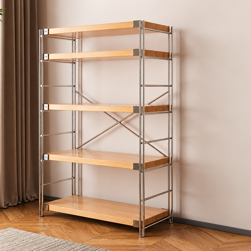 Heavy-Duty Anti-Deformation Organizer Storage Shelf - Minimalist Multi-Tier Freestanding Display Shelf, X-Reinforced Carbon Steel Frame, Height Adjustable Particleboard, Walnut &amp; Natural Wood Options For Living Room