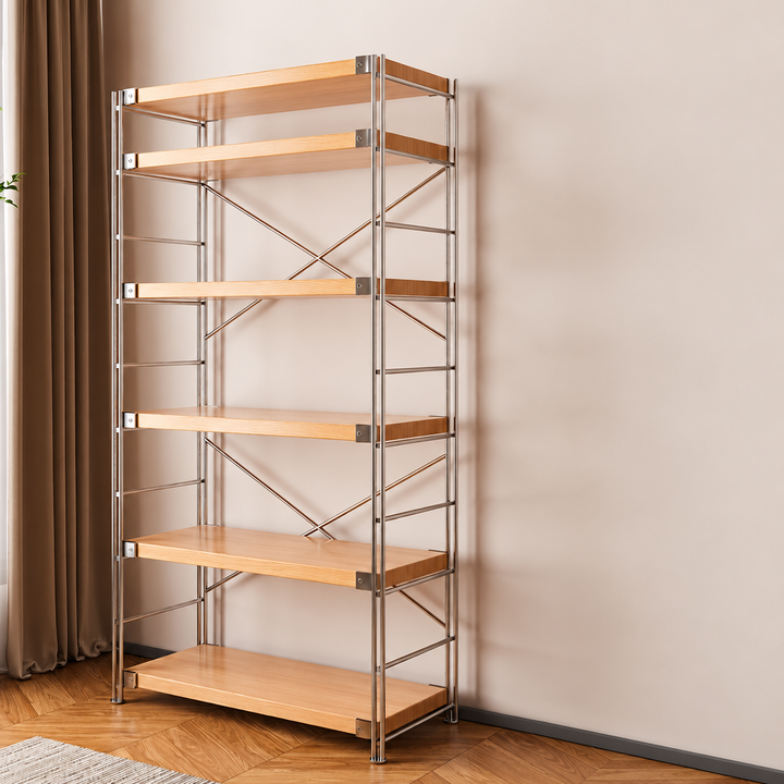 Heavy-Duty Anti-Deformation Organizer Storage Shelf - Minimalist Multi-Tier Freestanding Display Shelf, X-Reinforced Carbon Steel Frame, Height Adjustable Particleboard, Walnut &amp; Natural Wood Options For Living Room