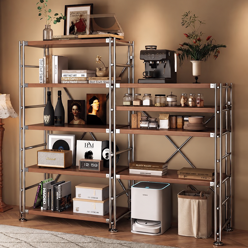 Heavy-Duty Anti-Deformation Organizer Storage Shelf - Minimalist Multi-Tier Freestanding Display Shelf, X-Reinforced Carbon Steel Frame, Height Adjustable Particleboard, Walnut &amp; Natural Wood Options For Living Room