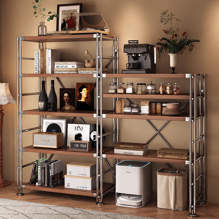 Heavy-Duty Anti-Deformation Organizer Storage Shelf - Minimalist Multi-Tier Freestanding Display Shelf, X-Reinforced Carbon Steel Frame, Height Adjustable Particleboard, Walnut & Natural Wood Options For Living Room