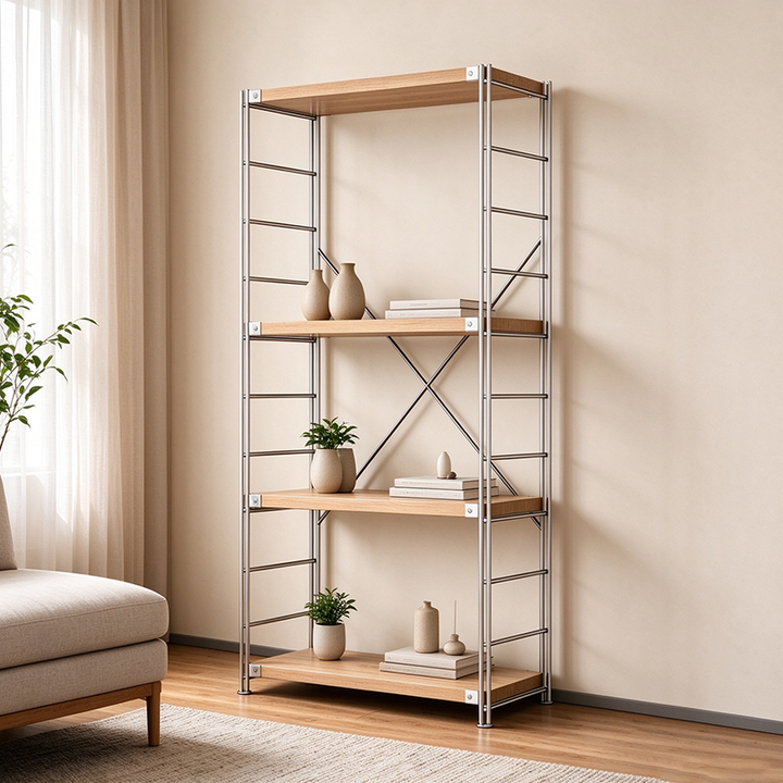 Modern 4-Tier Freestanding Storage Shelf - Minimalist Display Rack With Adjustable Particleboard Shelves & Solid Steel Frame. Compatible With Robot Vacuums, Heavy-duty, Rust-proof, Multiple Sizes For Home Storage For Living Room