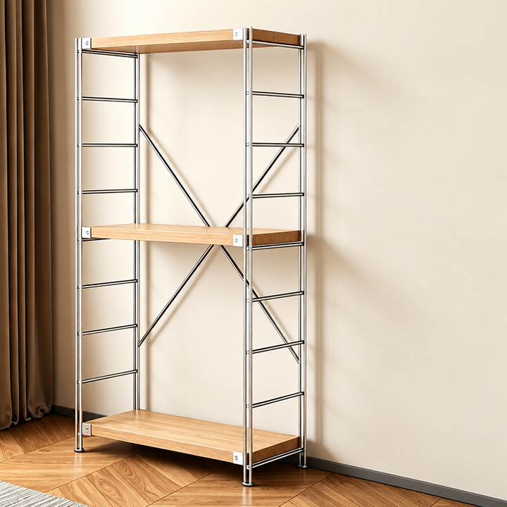 Adjustable 3 & 5 Tier Freestanding Solid Steel Frame Particleboard Storage Shelf - Minimalist Wood Look Rack, Compatible With Robot Vacuum, Multiple Sizes For Living Room