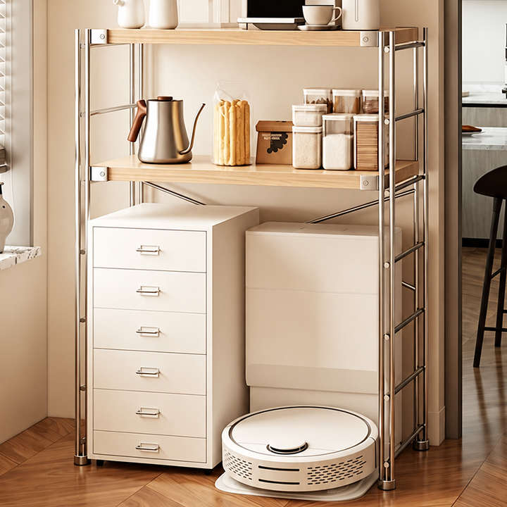 Adjustable 3 & 5 Tier Freestanding Solid Steel Frame Particleboard Storage Shelf - Minimalist Wood Look Rack, Compatible With Robot Vacuum, Multiple Sizes For Living Room