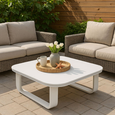 Sleek White Square Outdoor Coffee Table - 1-Tier Functional Design For Stylish Gardens & Outdoor Patios
