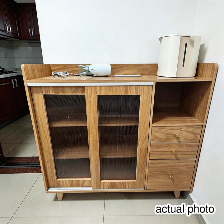 Traditional Japanese Rectangular Solid Wood MDF Artificial Board Acrylic Sideboard Cabinet 3-Drawer For Dining Room &amp; Living Room