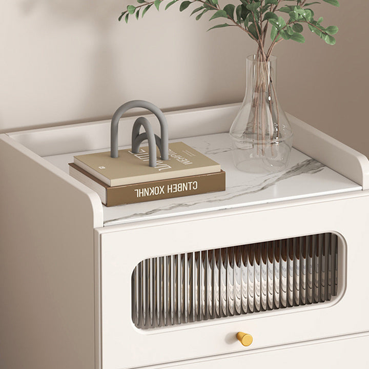 Mesa auxiliar nórdica contemporánea con franjas de vidrio, tablero y aglomerado, armario 1/2 con ruedas silenciosas para sala de estar 