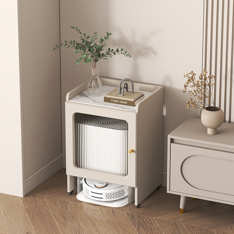 Contemporary Nordic Striped Glass Slab And Board Side Table 1/2 Cabinet With Silent Wheels For Living Room