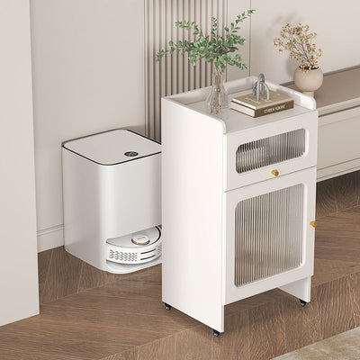 Contemporary Nordic Striped Glass Slab And Board Side Table 1/2 Cabinet With Silent Wheels For Living Room
