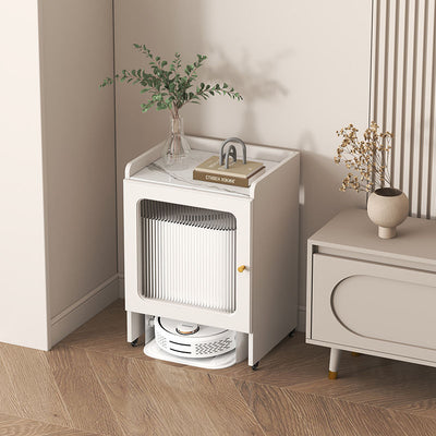 Contemporary Nordic Striped Glass Slab And Board Side Table 1/2 Cabinet With Silent Wheels For Living Room