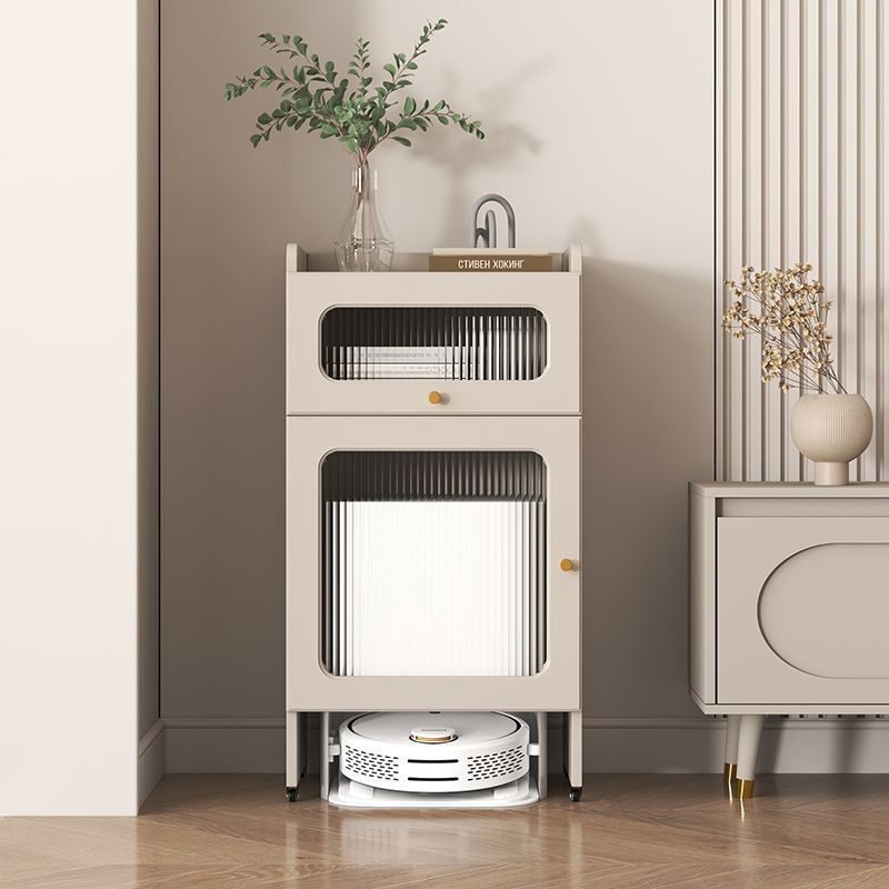 Mesa auxiliar nórdica contemporánea con franjas de vidrio, tablero y aglomerado, armario 1/2 con ruedas silenciosas para sala de estar 