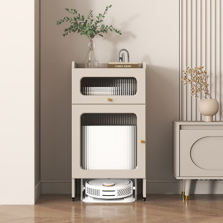 Mesa auxiliar nórdica contemporánea con franjas de vidrio, tablero y aglomerado, armario 1/2 con ruedas silenciosas para sala de estar 