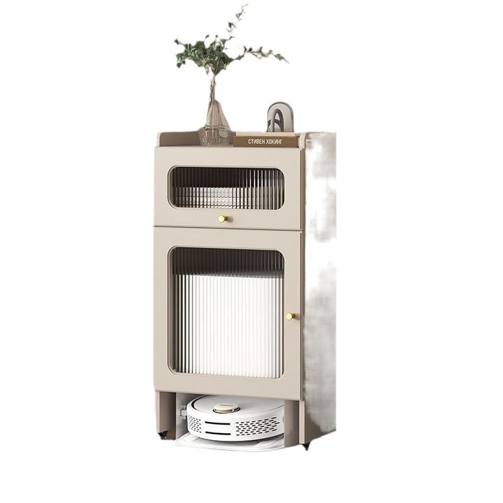 Mesa auxiliar nórdica contemporánea con franjas de vidrio, tablero y aglomerado, armario 1/2 con ruedas silenciosas para sala de estar 