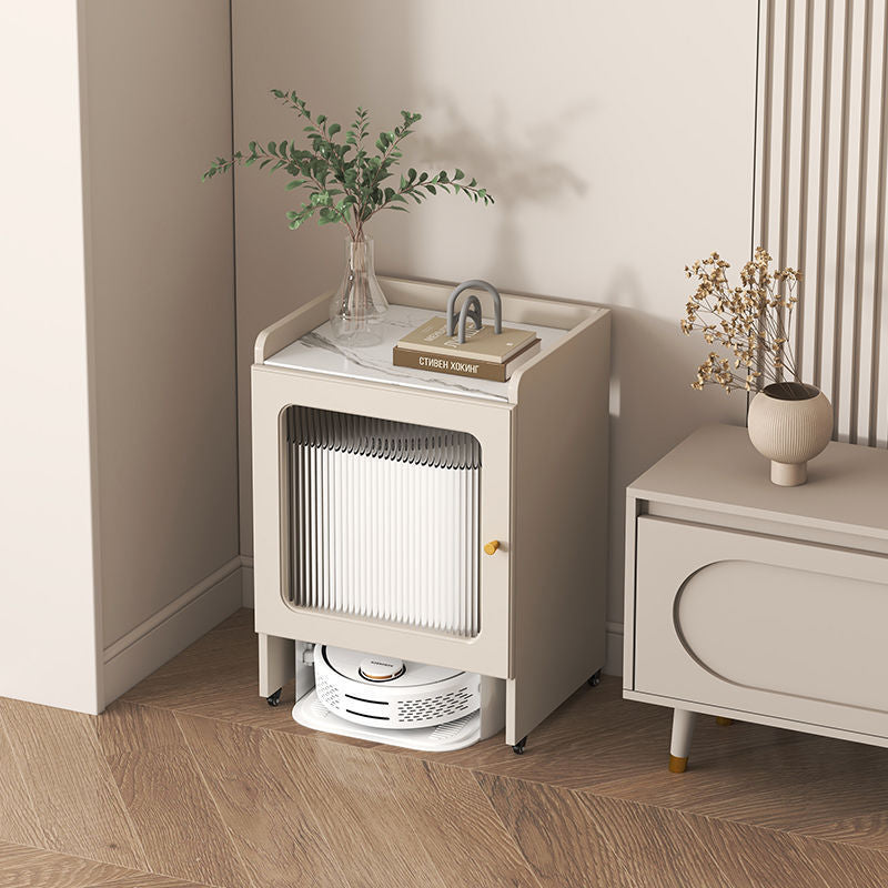 Contemporary Nordic Striped Glass Slab And Board Side Table 1/2 Cabinet With Silent Wheels For Living Room
