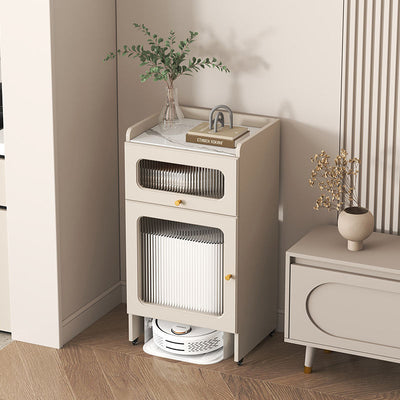 Contemporary Nordic Striped Glass Slab And Board Side Table 1/2 Cabinet With Silent Wheels For Living Room