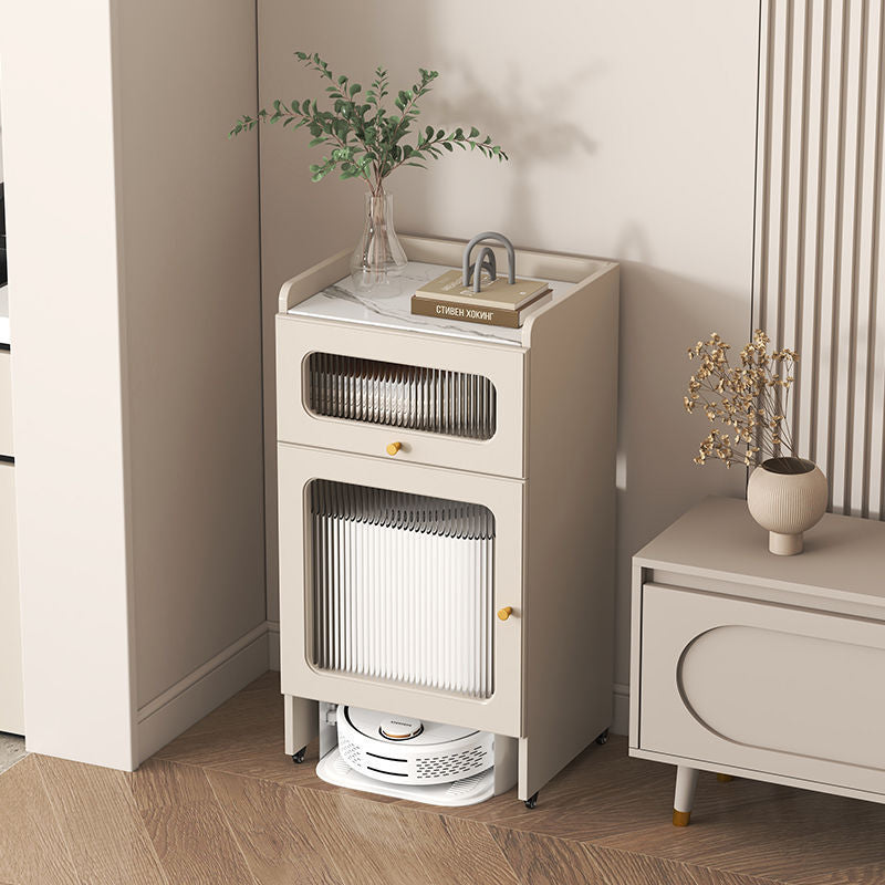 Contemporary Nordic Striped Glass Slab And Board Side Table 1/2 Cabinet With Silent Wheels For Living Room