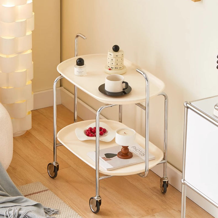 Moderner ovaler Beistelltisch im nordischen Stil aus ABS und Eisen, 2-stöckig, beweglich, mit Rollen & Griffen, für Wohnzimmer & Schlafzimmer 