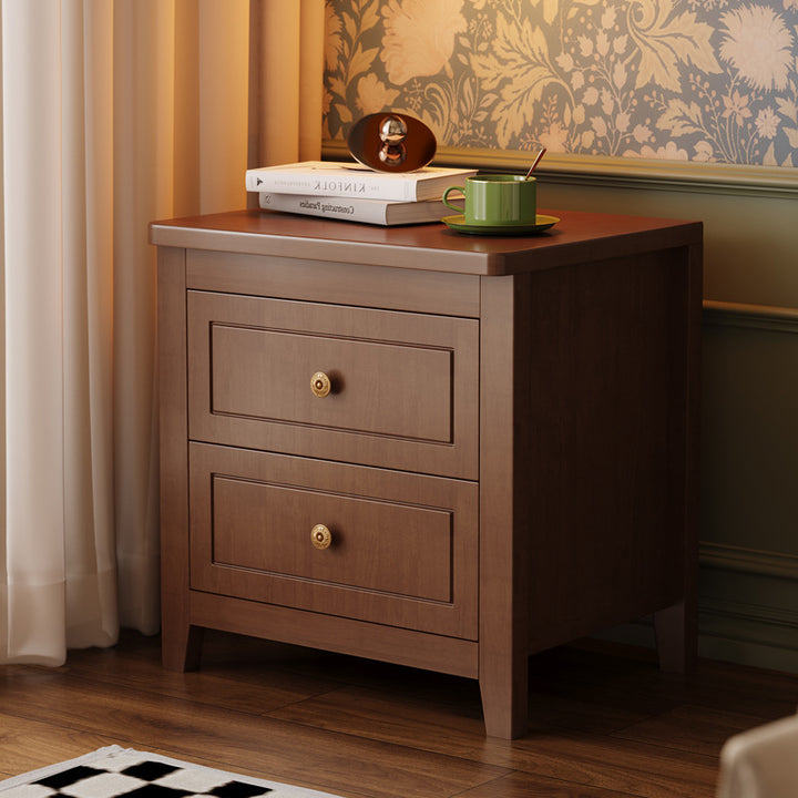 Mesita de noche rectangular contemporánea retro de madera de caucho, contrachapado y madera de pino con 2 cajones para almacenamiento junto a la cama 