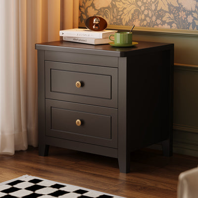 Contemporary Retro Solid Wood Rectangular Nightstand 2-Drawers For Bedside Storage