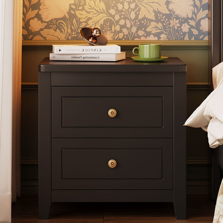Mesita de noche rectangular contemporánea retro de madera de caucho, contrachapado y madera de pino con 2 cajones para almacenamiento junto a la cama 
