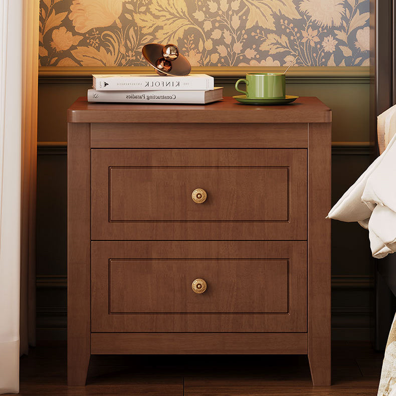 Mesita de noche rectangular contemporánea retro de madera de caucho, contrachapado y madera de pino con 2 cajones para almacenamiento junto a la cama 