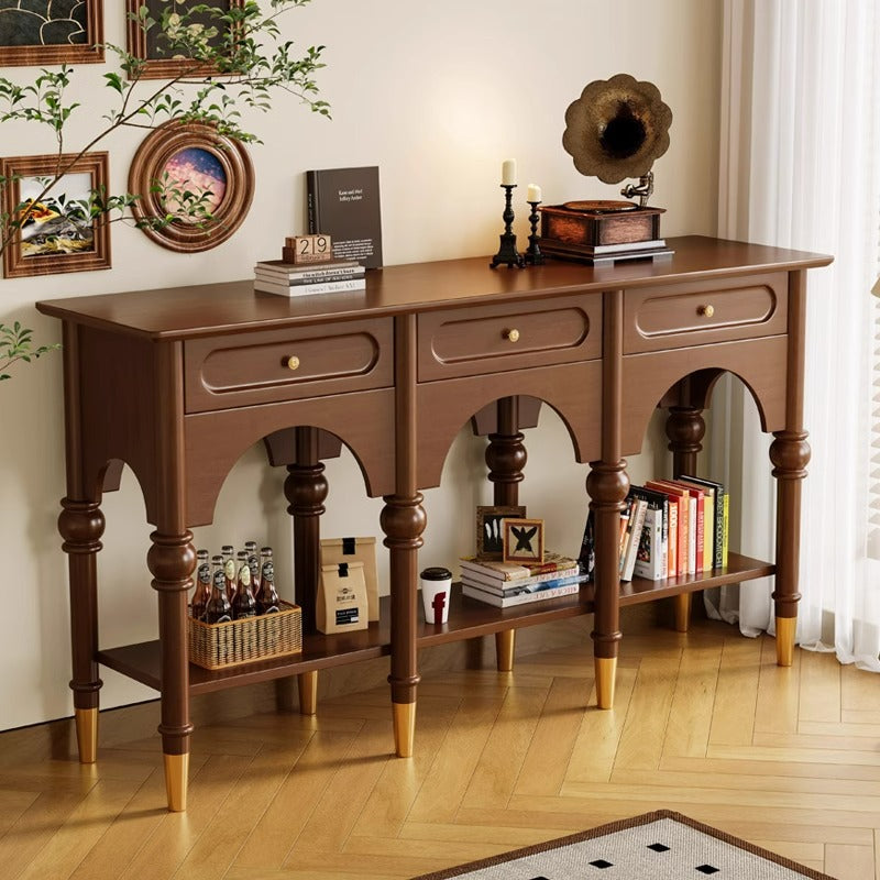 Traditional French Rubberwood Metal Plywood Arched Roman Column Console Table With 3 Drawers &amp; 2-Tier Storage For Entryway