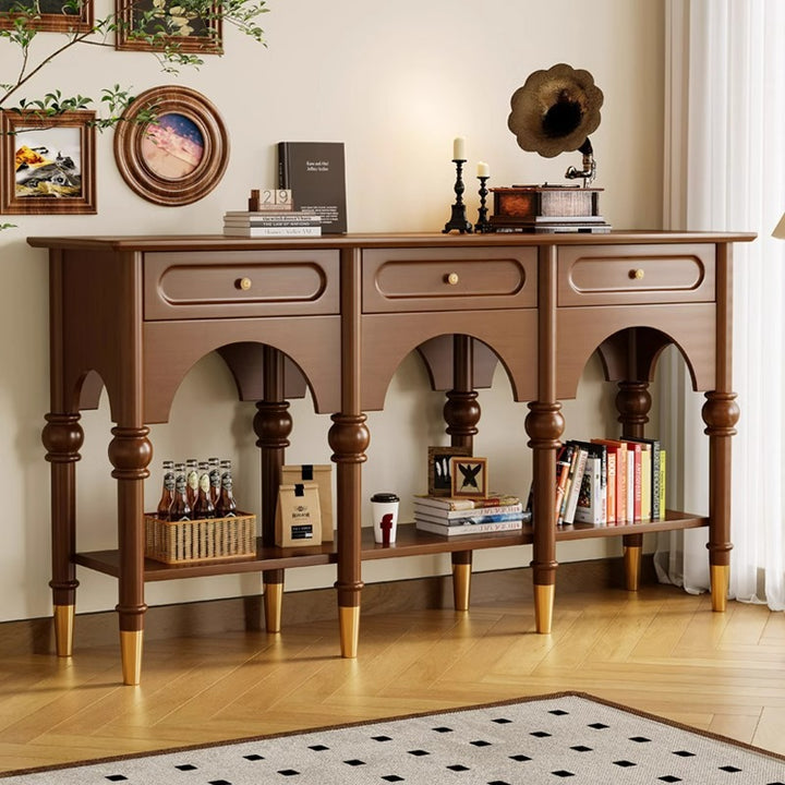 Traditional French Rubberwood Metal Plywood Arched Roman Column Console Table With 3 Drawers &amp; 2-Tier Storage For Entryway